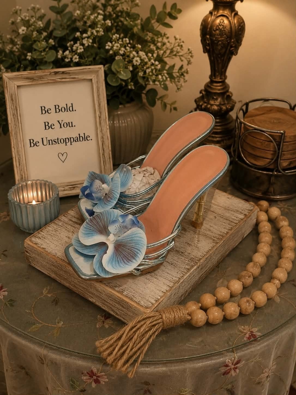 Blue Floral Slip-On Heels for Women